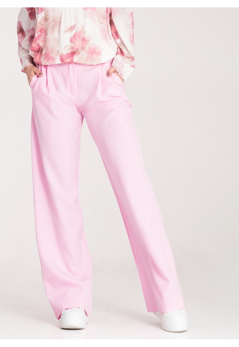 Pantaloni dama -  eleganti - talie inalta - roz - poliester/elastan -