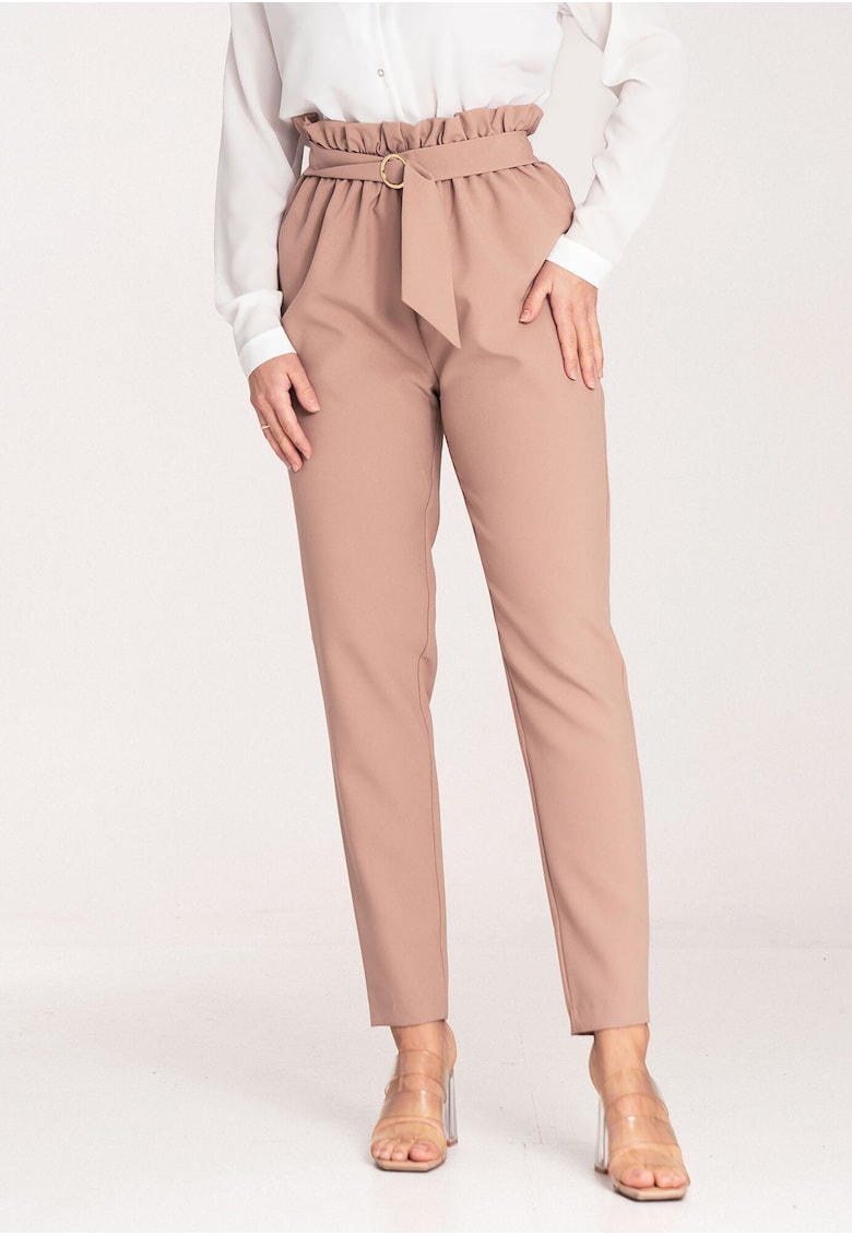 Pantaloni dama  eleganti - talie inalta - bej - poliester