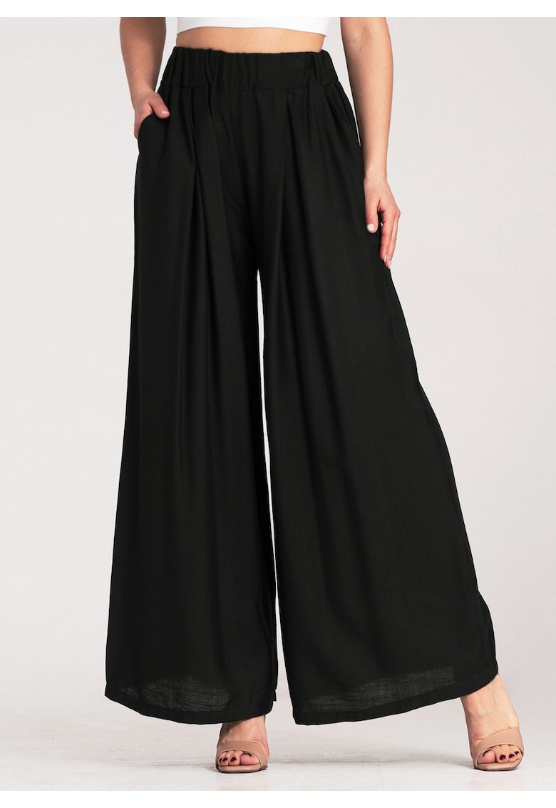 Pantaloni dama  negri - largi - cu talie inalta - din vascoza si elastan -