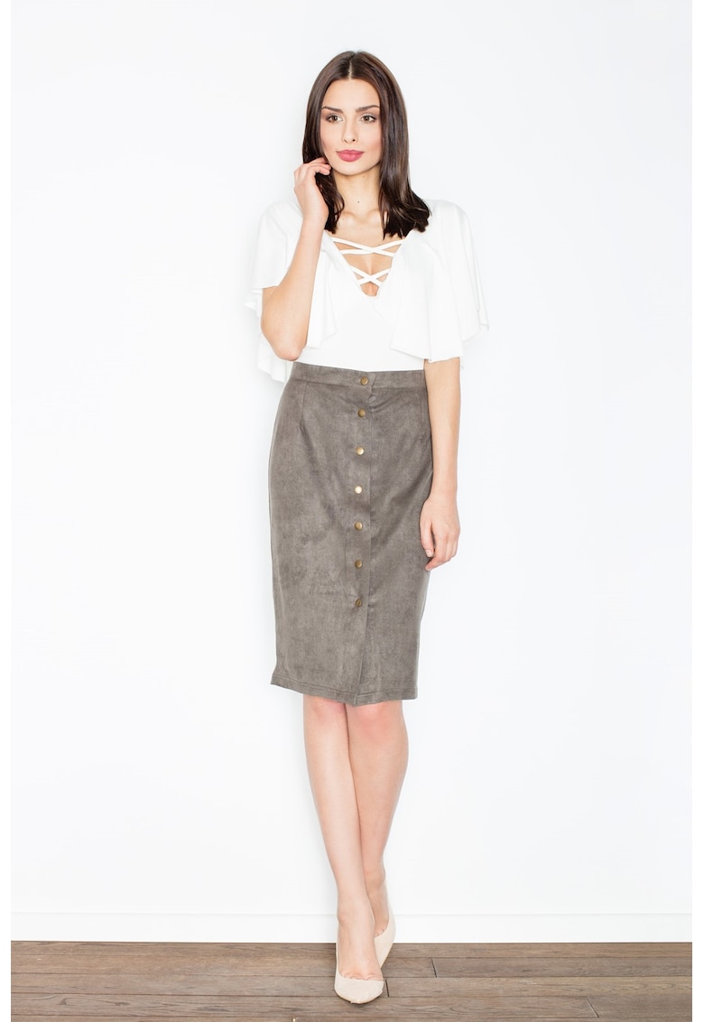Oferte la Fusta midi  gri - cu nasturi - poliester 95% - elastan 5%