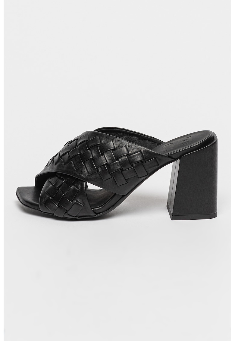 Oferte la Papuci de piele cu aspect impletit si toc Gerla - Negru