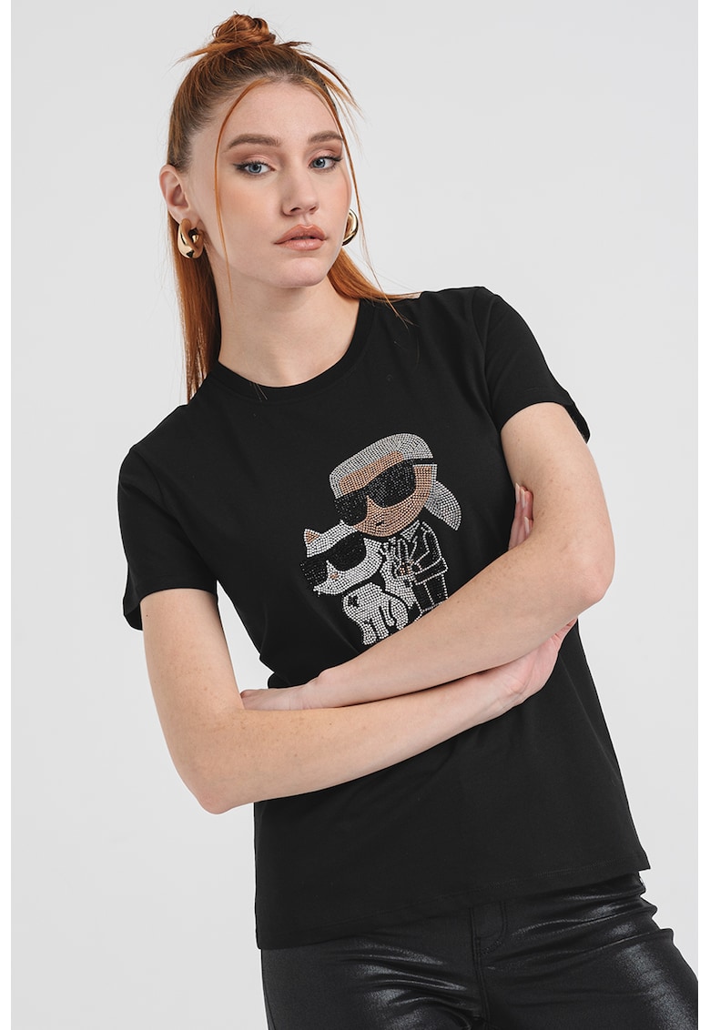 Tricou de bumbac organic cu aplicatii logo din strasuri - Negru/Roz prafuit/Argintiu