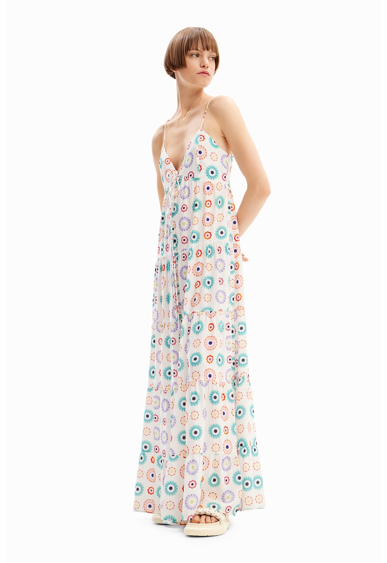 Oferte la Rochie maxi cu model si decolteu in V - Alb fildes/Violet/Turcoaz