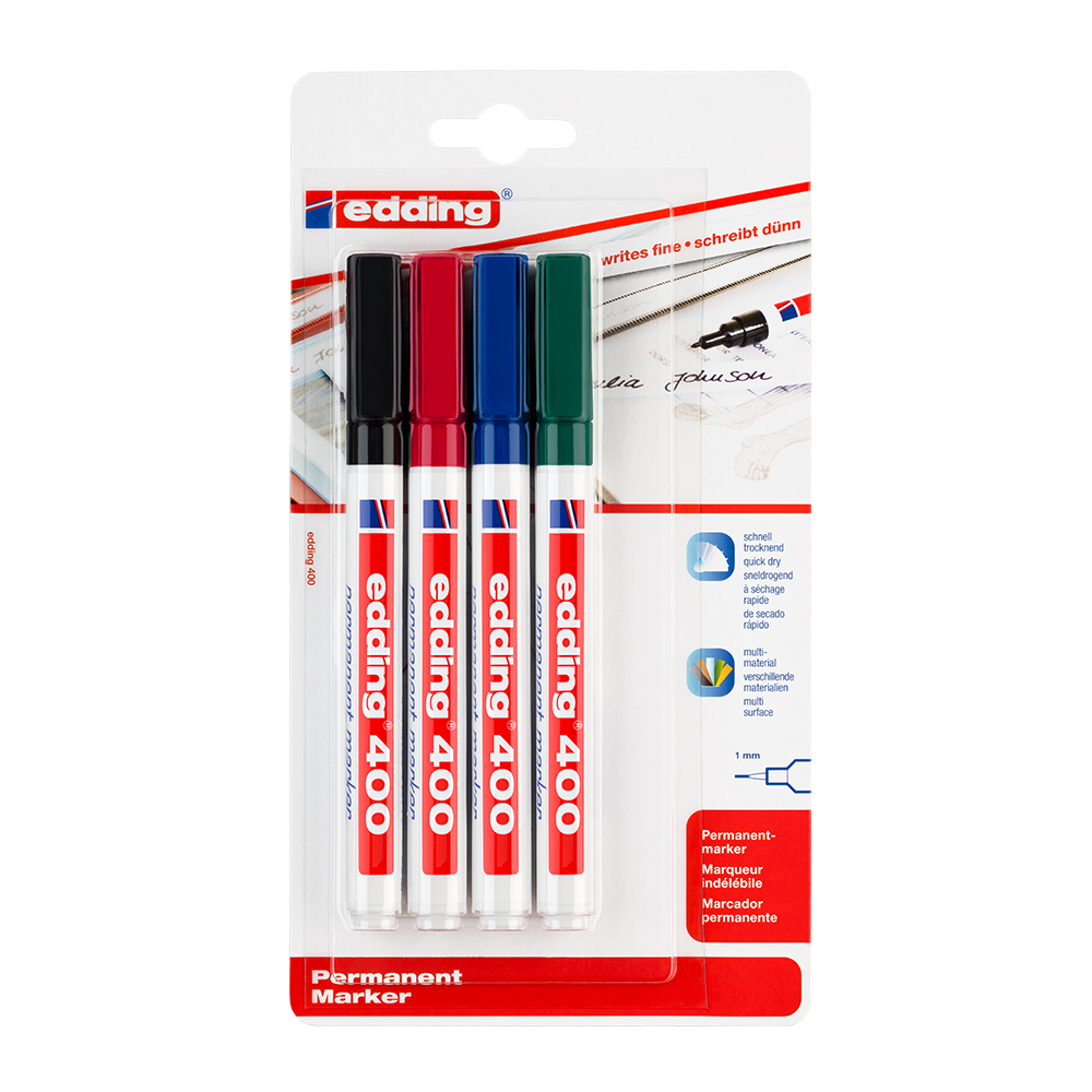 Oferte la Marker permanent Edding 400, corp plastic, varf rotund, 1 mm, negru, rosu, albastru, verde