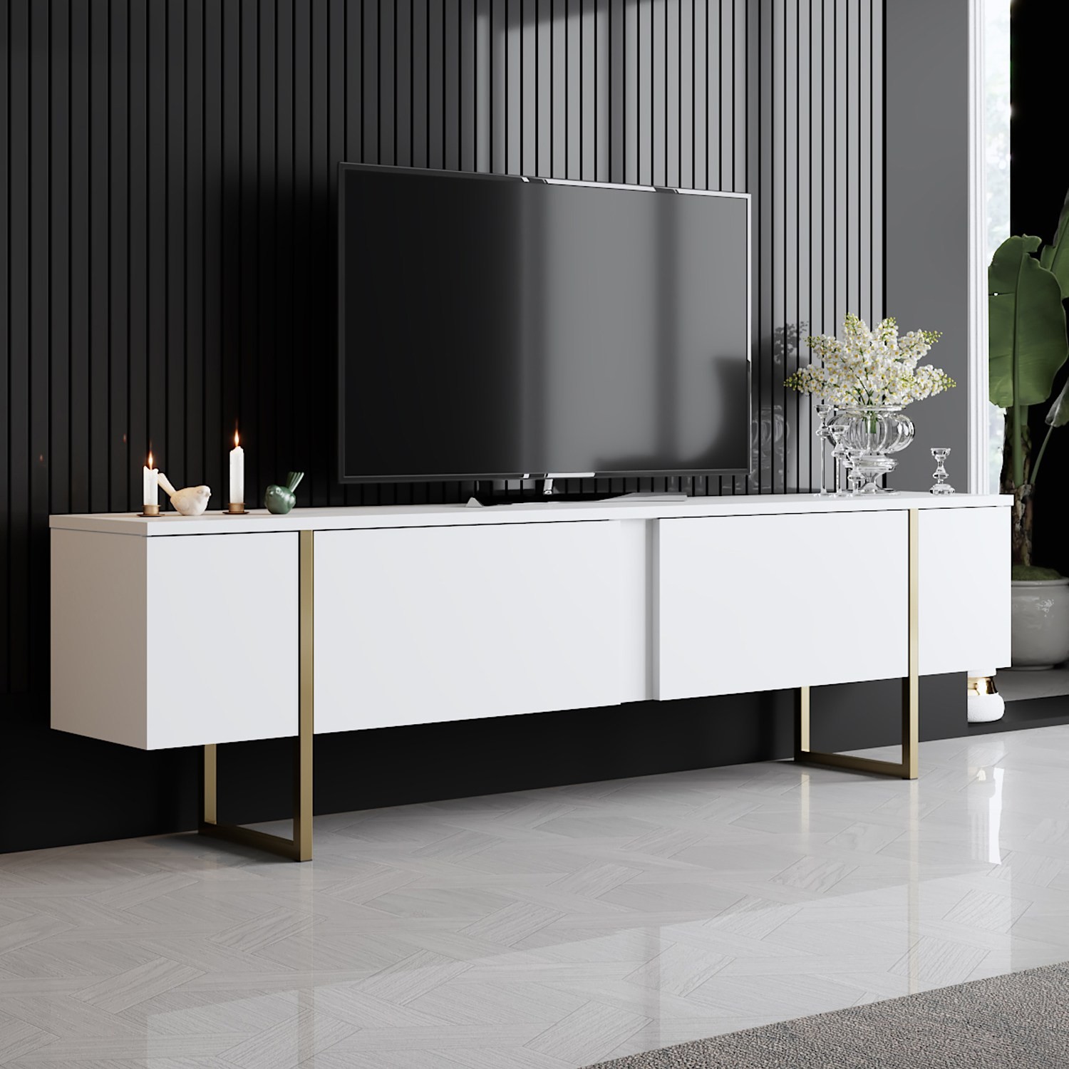 Oferte la Comoda TV 180 X 30 X 50 Luxe - alb si auriu