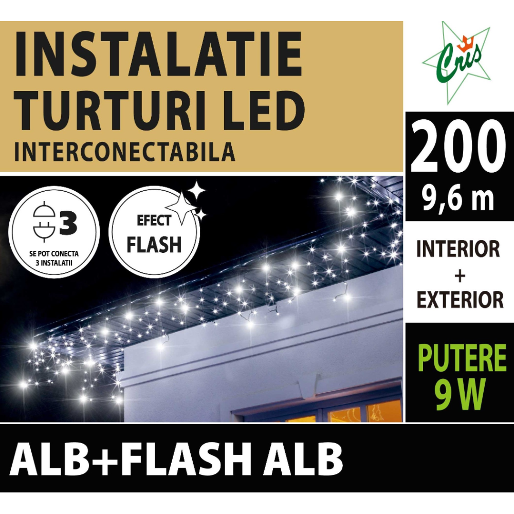Oferte la Instalatie decorativa Craciun, Cris, 200 LED-uri alb cu flash alb, 9,6 m, interior / exterior, alimentare la retea