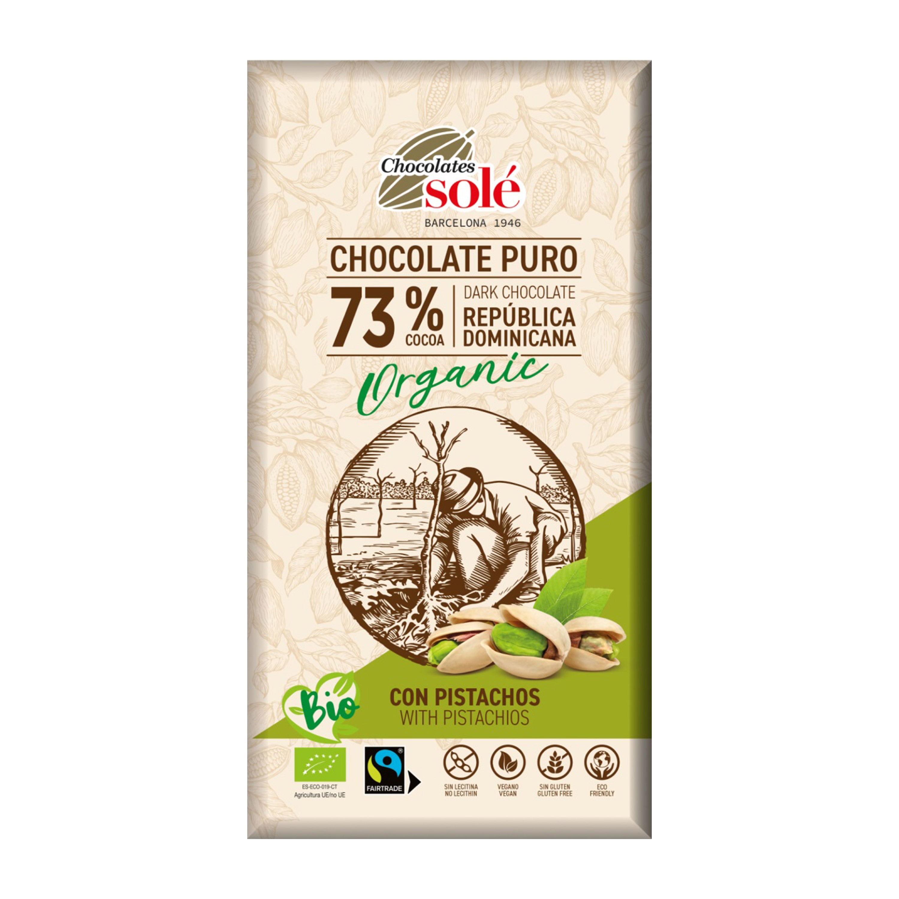 Oferte la Ciocolată neagră bio cu fistic 73% cacao, 135g Chocolates Sole