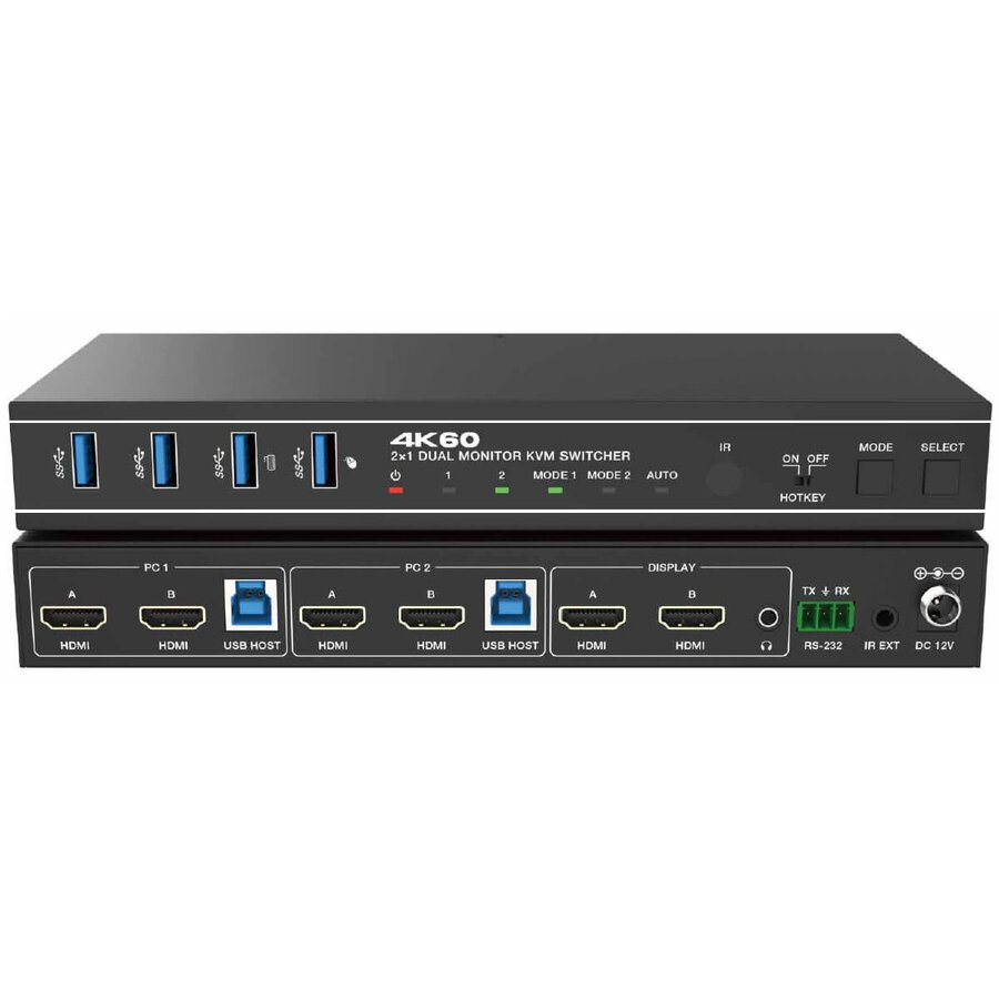 Switcher KVM HDCVT-HDC-KSWB22H Dual HDMI 4K@60 HDCP2.3 HDR/HDR10/HDR10+/Dolby Vision cu RS232 si Telecomanda Negru