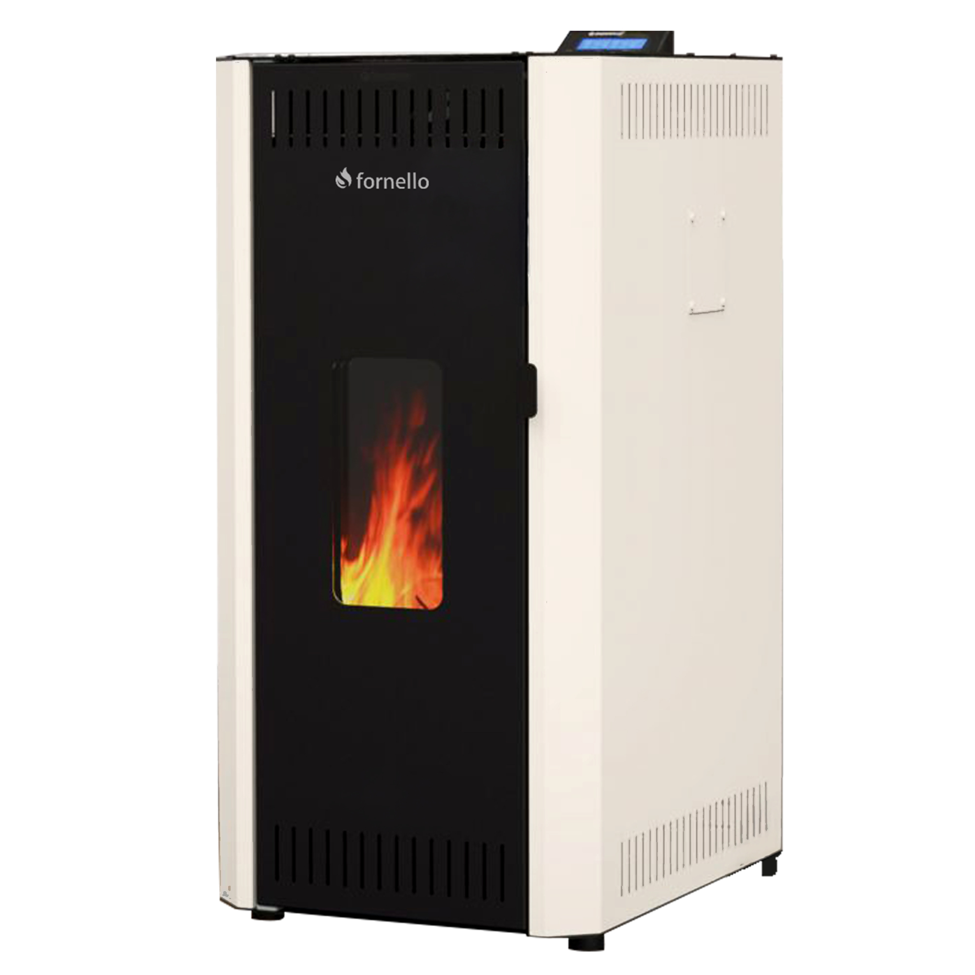 Pachet termosemineu pe peleti Fornello CALORE COMPACT 35 kW pompa electronica vas expansiune arzator inox grup de siguranta termostat wifi salus IT500 sistem de curatare MECANICA a creuzetului si drumurilor de fum culoare alb