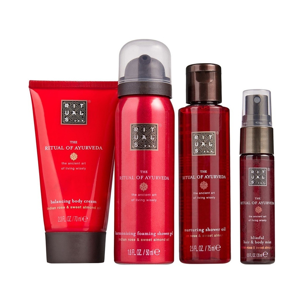 Oferte la Rituals The Ritual of Ayurveda Mini Set – Crema de corp 70 ml, Gel de dus spumant 50 ml, Ulei de dus 75 ml si Spray par & corp 20 ml