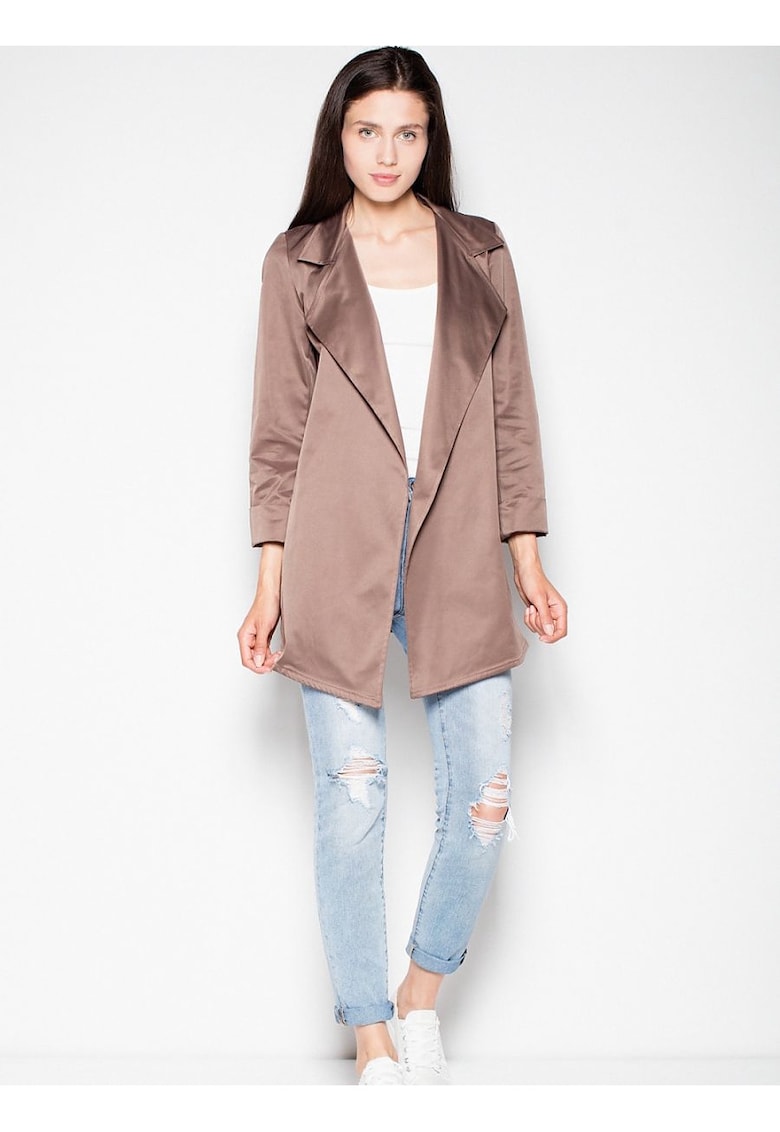 Palton dama clasic - cu buzunare laterale - maro - poliester