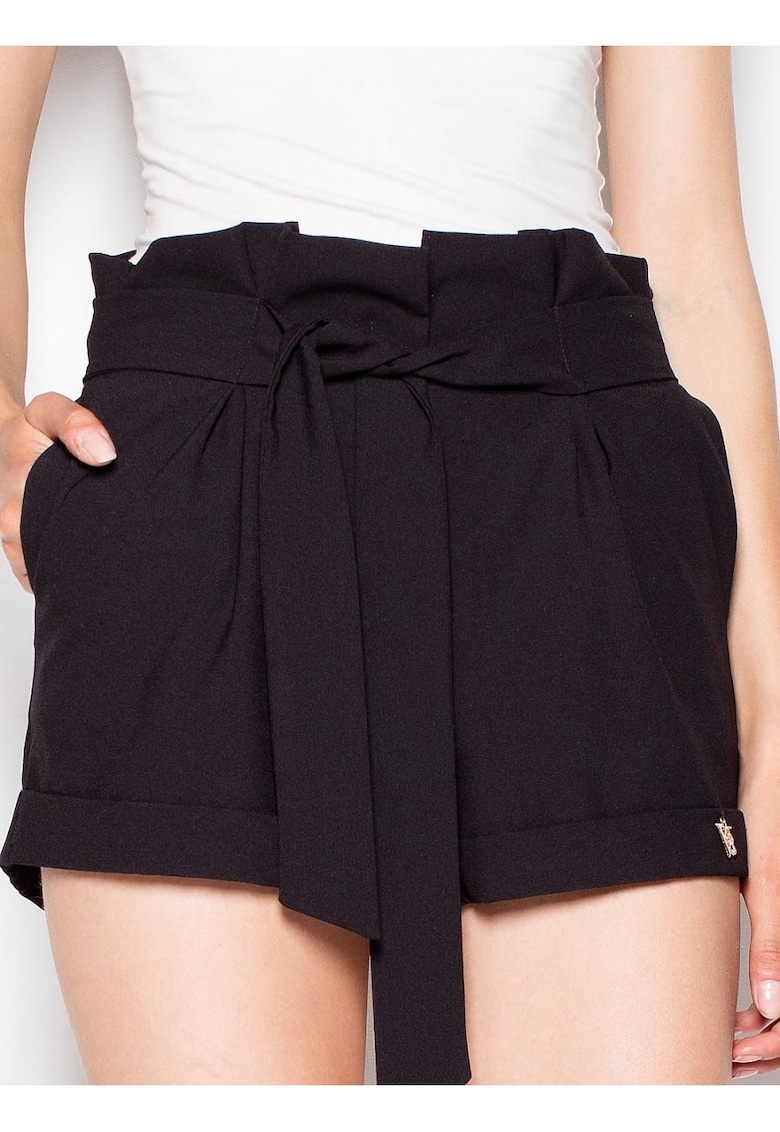 Oferte la Pantaloni scurti dama  cu talie inalta - buzunare laterale - negru - poliester