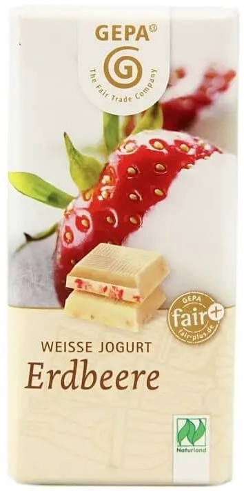 Oferte la Ciocolata alba bio cu iaurt si capsuni, 40g Gepa