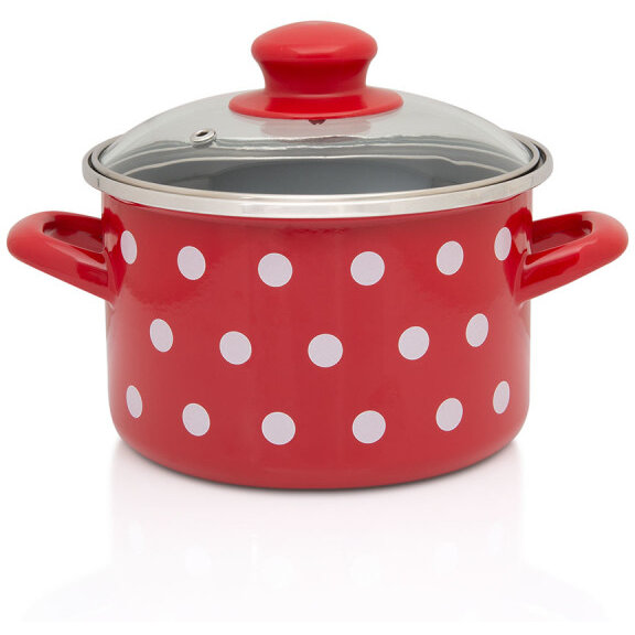 Oferte la Oala Mica cu Capac Sticla Tufne Capacitate 1.5L Diametru 14CM Rosu/Alb