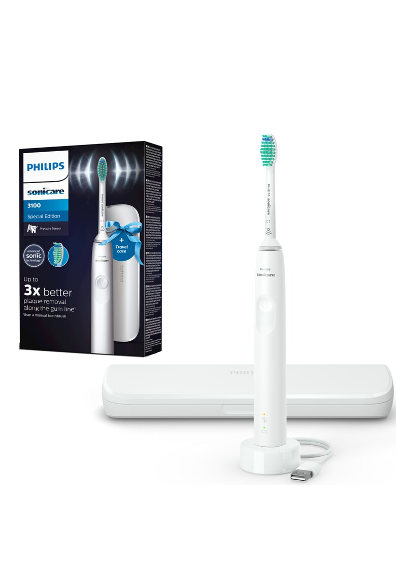 Periuta de dinti sonica electrica Seria 3100 - 62000 miscari/minut - 1 mod de curatare - senzor presiune - functia BrushSync - 1 cap de periere - toc de transport - Alb