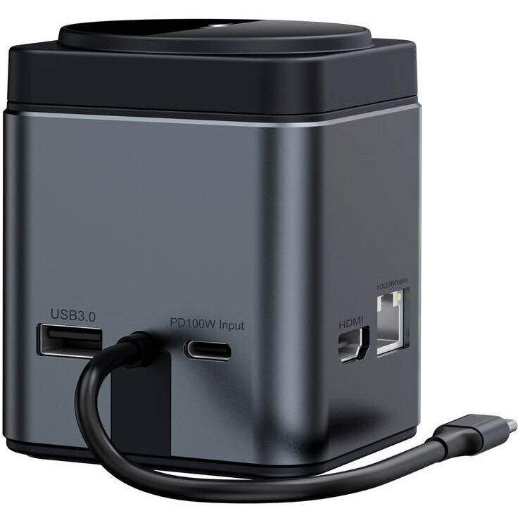 Incarcator BW-TH17, Wireless Charge, 15W, 3 x USB-C, HDMI, RJ45, SD/TF, Negru