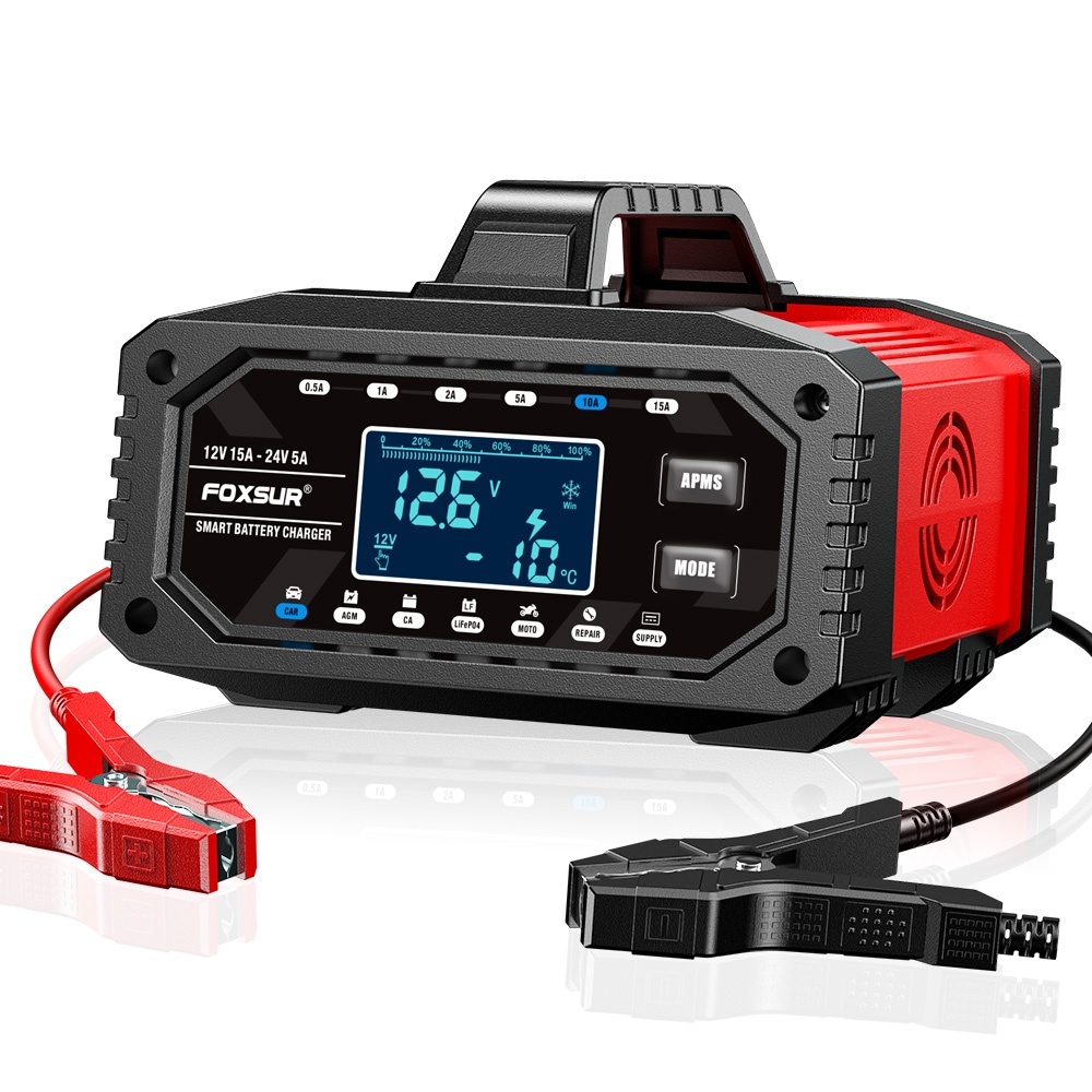 Oferte la Redresor incarcator inteligent baterii auto FOXSUR 12V 15A / 24V 5A cu afisaj LCD, mod reparare, curent reglabil si 10 trepte incarcare pentru baterii plumb-acid, AGM, GEL, EFB, LiFePO4, auto si moto