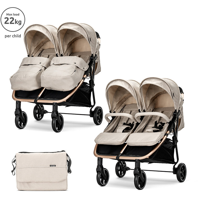 Carucior pentru Gemeni Duo pana la 22Kg per Copil Cadru din Aluminiu Spatar Reglabil Pozitii Multiple Geanta pentru Mama Inclusa Beige