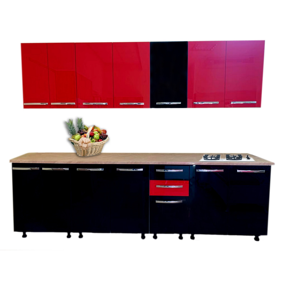 Oferte la Mobila bucatarie Mobylux Stendhal, MDF si pal melaminat, negru si rosu lucios, blat inclus, lungime 2.6 m
