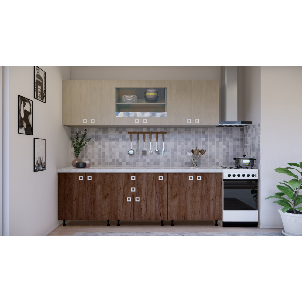 Oferte la Mobila bucatarie Mobylux Verona, pal melaminat, stejar tabacco si stejar albit, blat inclus, lungime 2.4 m
