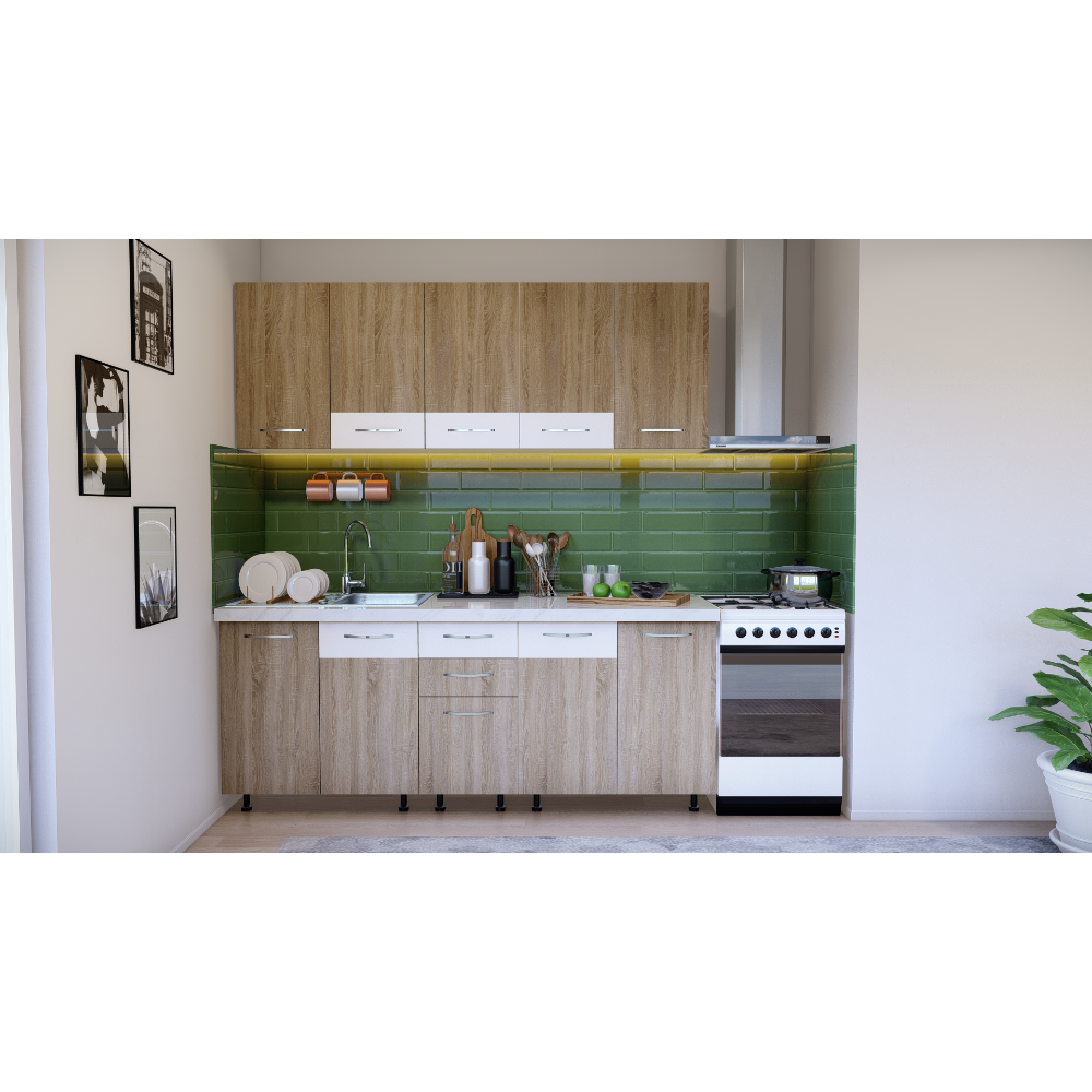 Oferte la Mobila bucatarie Mobylux Corsica, pal melaminat, stejar sonoma si alb, blat inclus, lungime 2 m