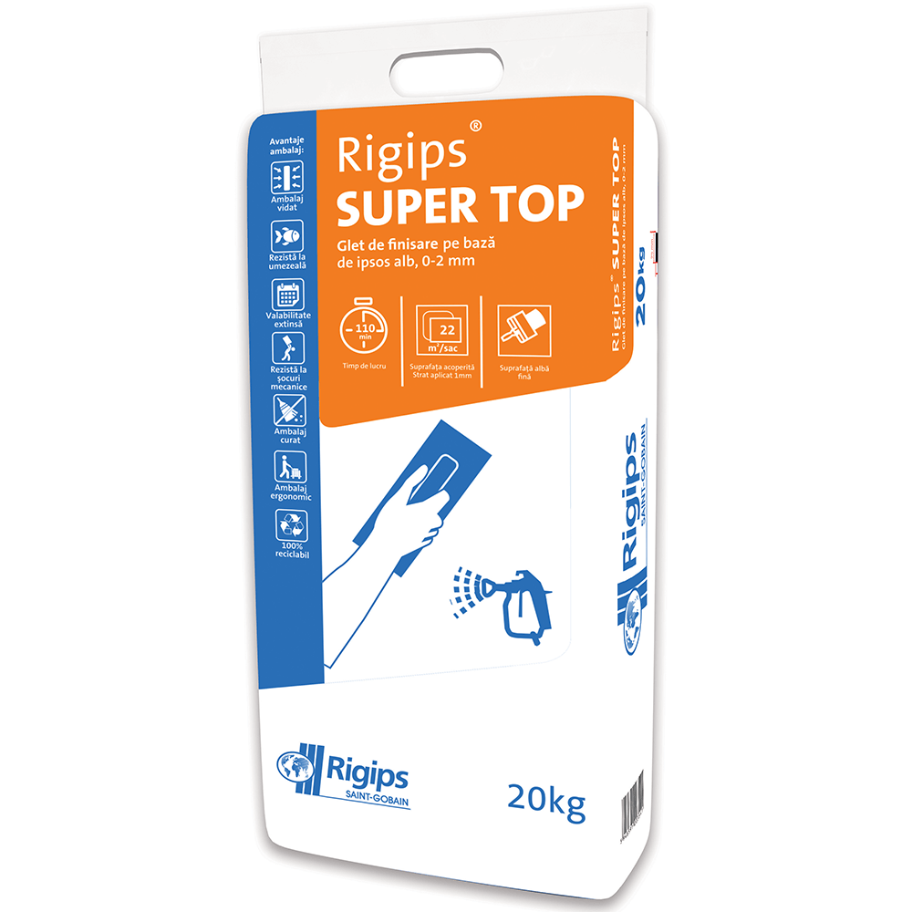 Oferte la Glet de finisare pe baza de ipsos Rigips Super Top, interior, alb, 20 kg  