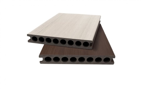 Oferte la Deck 3D cu 2 fete  din WPC 143x23mm  L 3800mm  Structura cu Gol Rotund pentru Rezistenta Sporita  o fata maro  o fata gri desch