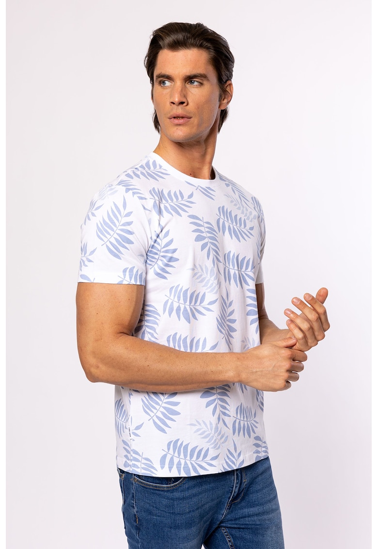 Oferte la Tricou cu decolteu la baza gatului si imprimeu vegetal - Albastru pastel/Alb optic