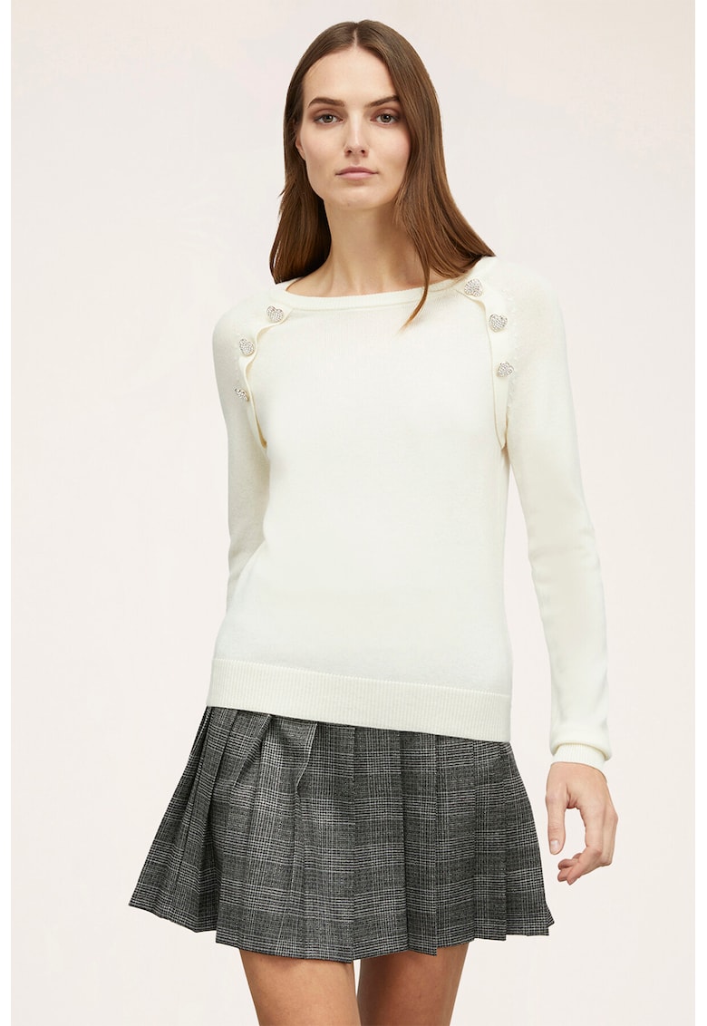 Pulover tricotat fin din amestec de lana cu maneci raglan - Alb
