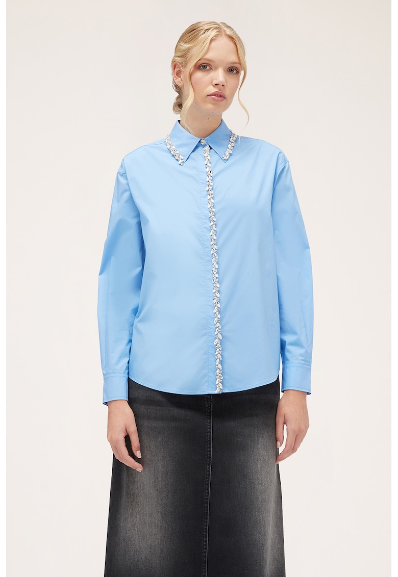 Camasa din bumbac cu aplicatii din cristale - Albastru deschis