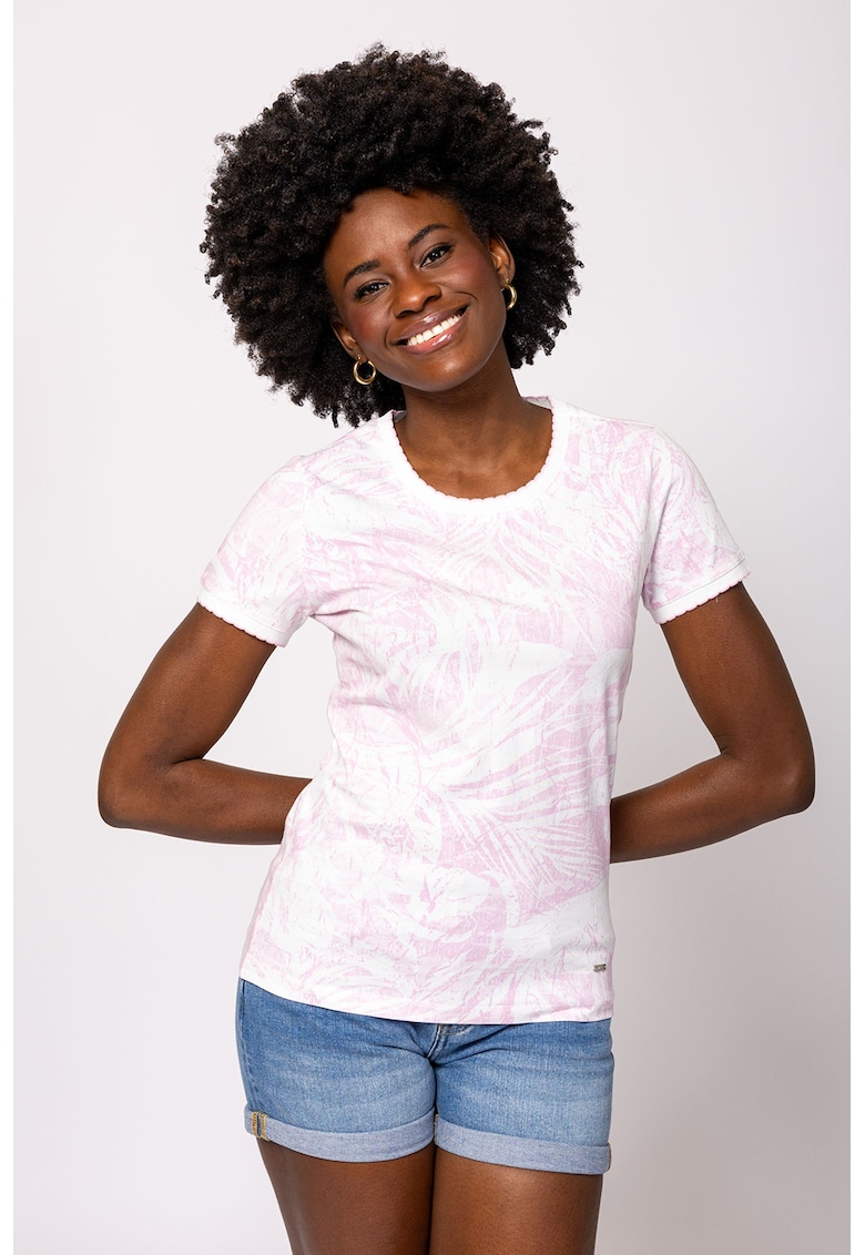 Oferte la Tricou cu imprimeu si decolteu la baza gatului Metera - Alb/Roz pastel