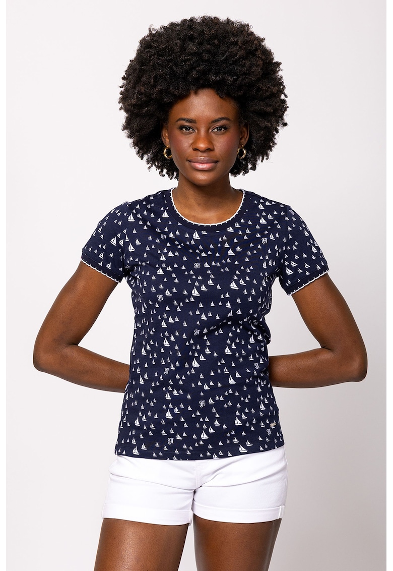 Oferte la Tricou cu imprimeu si decolteu la baza gatului Metera - Alb/Bleumarin