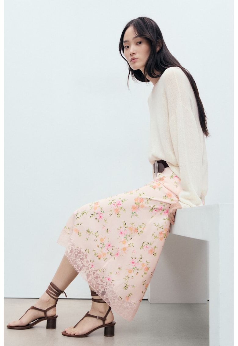 Oferte la Fusta cu model floral si terminatie de dantela Bias - Verde/Portocaliu/Roz pal