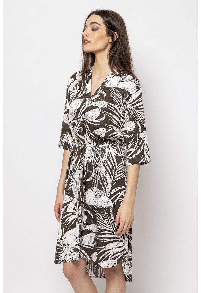 Oferte la Rochie cu model si cordon in talie - Kaki inchis/Alb murdar