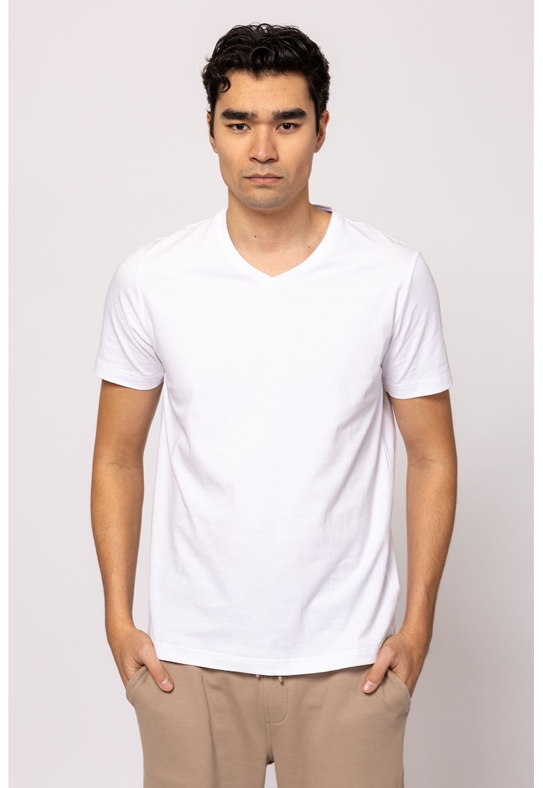 Oferte la Tricou cu decolteu in V si model uni Money - Alb optic