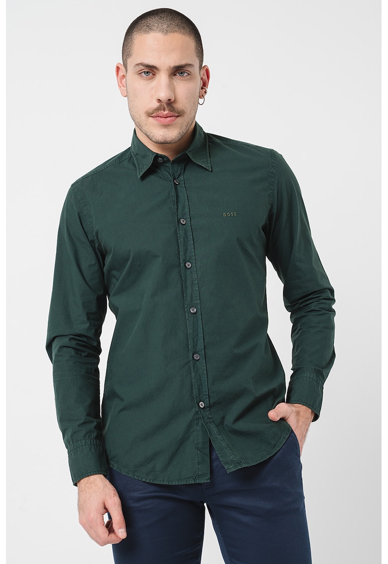 Camasa regular fit de bumbac cu logo brodat - Verde englez