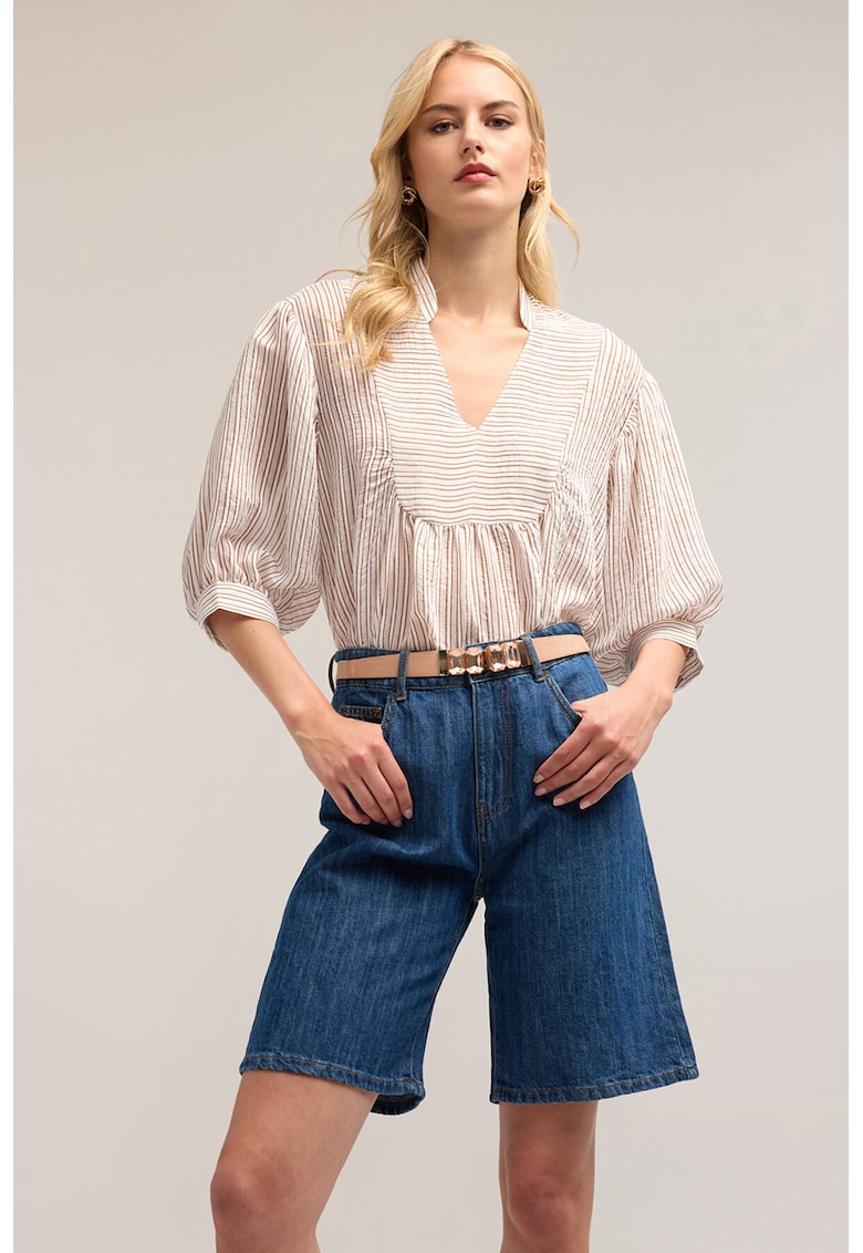 Oferte la Bluza in dungi cu maneci bufante - Maro/Bej
