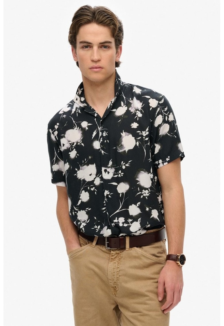 Oferte la Camasa cu model floral si maneci scurte - Alb/Negru stins