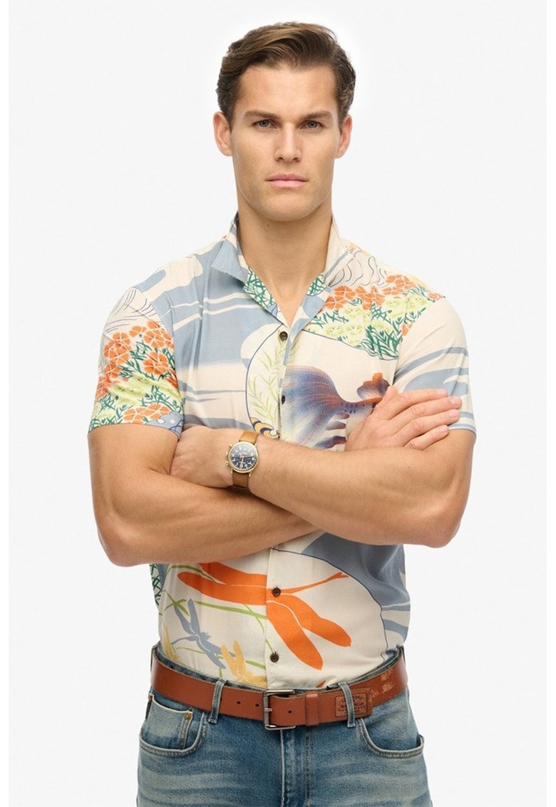 Oferte la Camasa cu model floral si guler ascutit - Albastru prafuit/Bej deschis