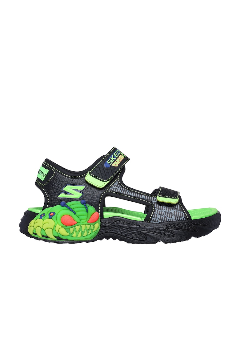 Sandale din piele ecologica cu inchidere velcro - Negru/Verde lime