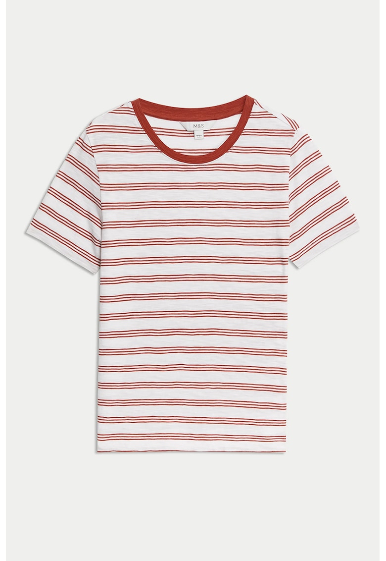 Oferte la Tricou cu decolteu rotund si model in dungi - Maro/Alb murdar