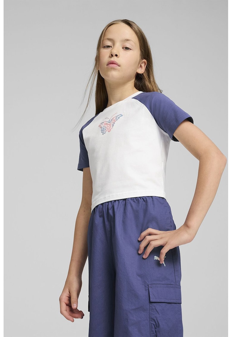 Oferte la Tricou crop cu model grafic - Alb/Albastru prafuit