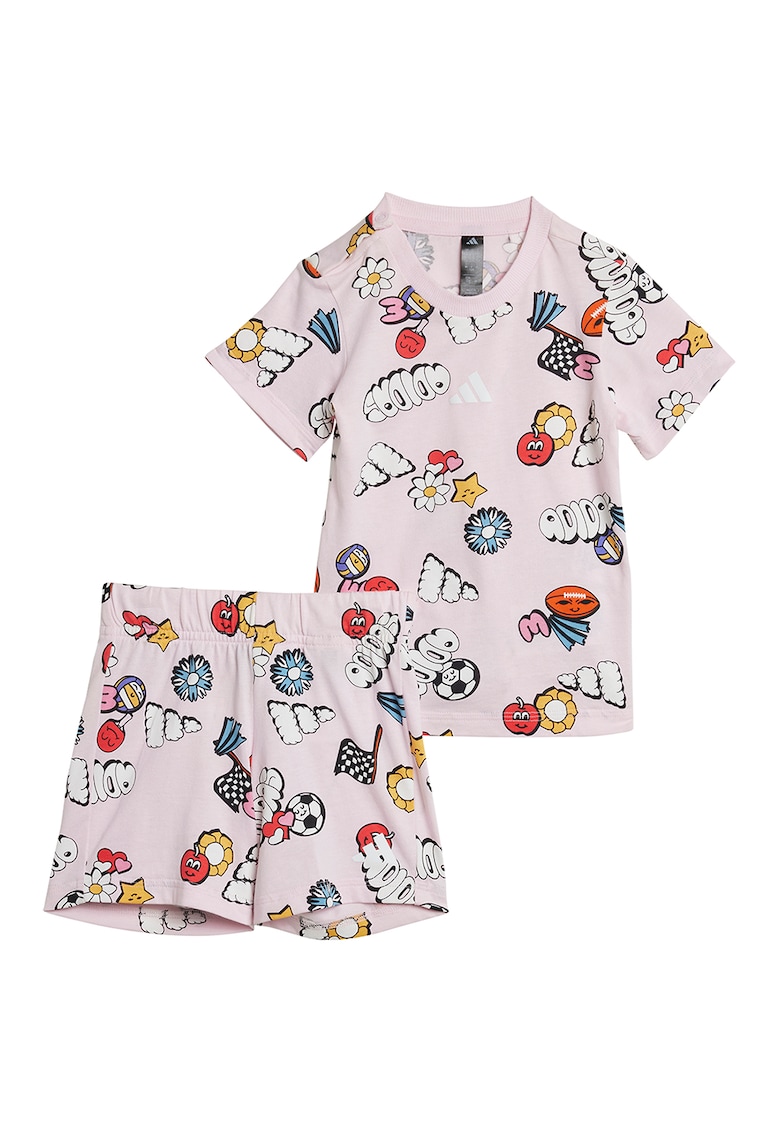 Oferte la Set de pantaloni scurti si tricou cu imprimeu - 2 piese - Alb/Galben pai/Roz pal