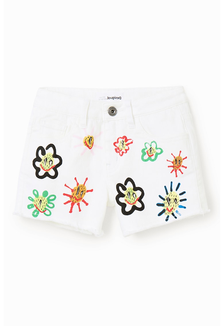 Blugi scurti cu model floral - Alb