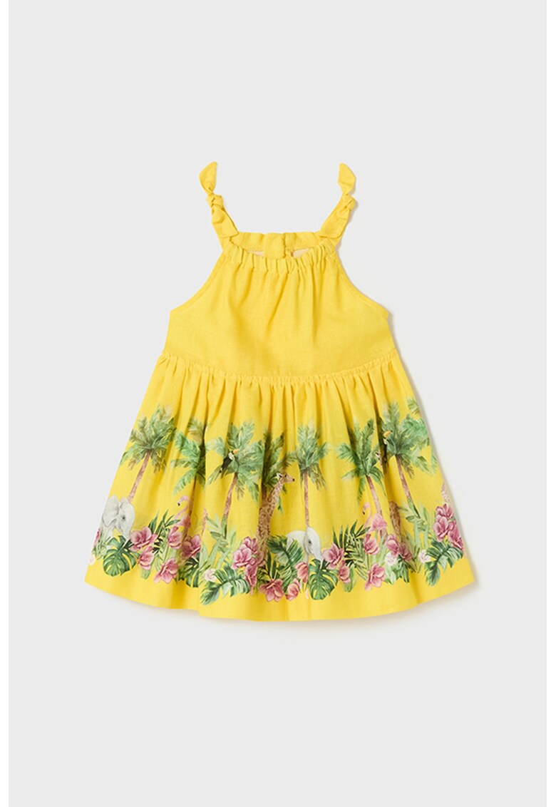 Rochie evazata din amestec de in cu model tropical - Galben sofran