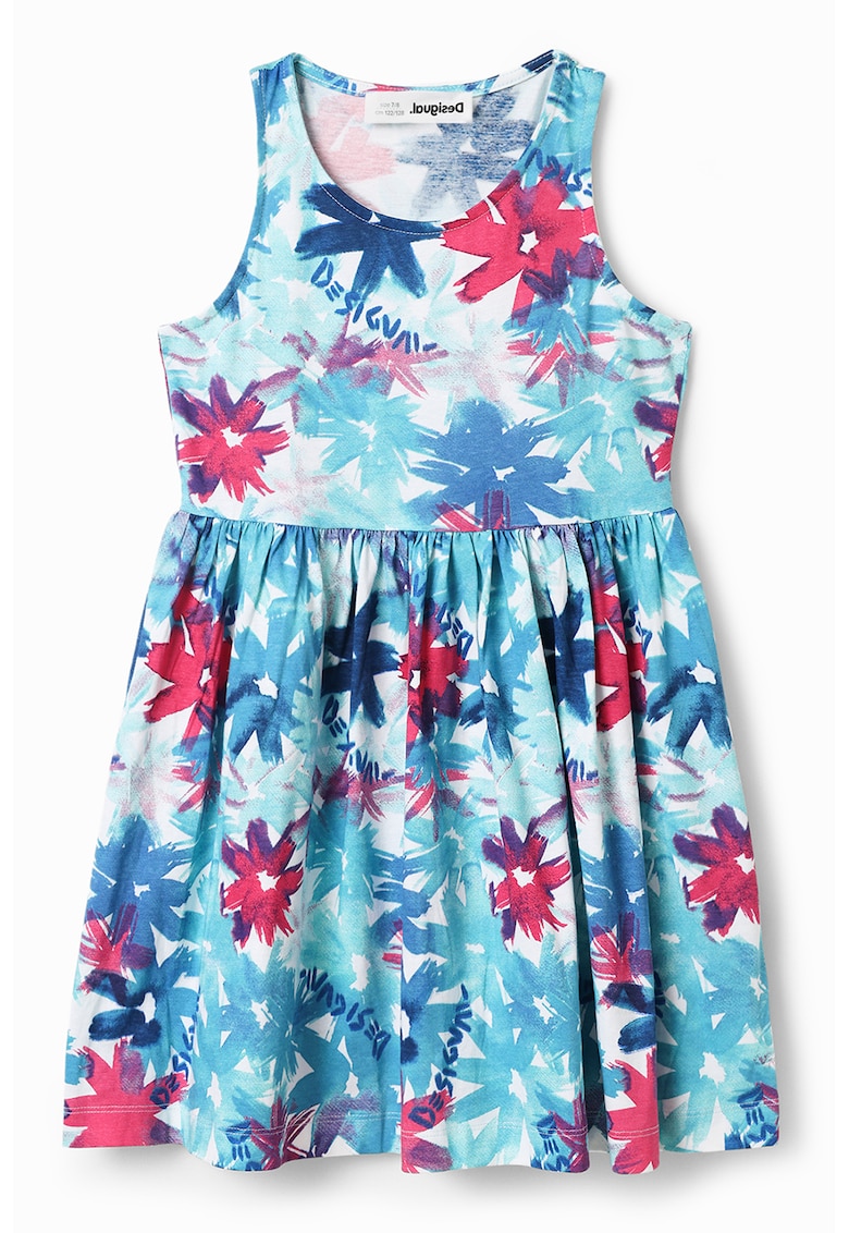 Rochie de bumbac cu model floral - Alb/Albastru