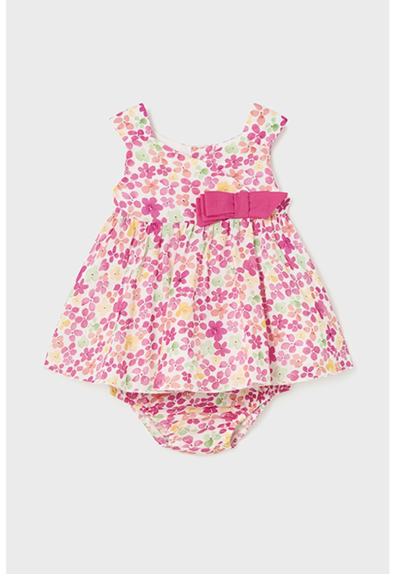 Rochie cu model floral si funda - Galben/Roz