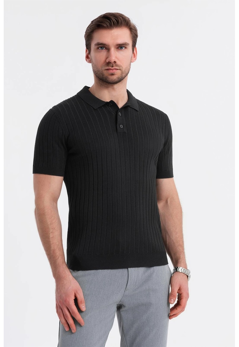 Tricou polo cu aspect striat - Negru