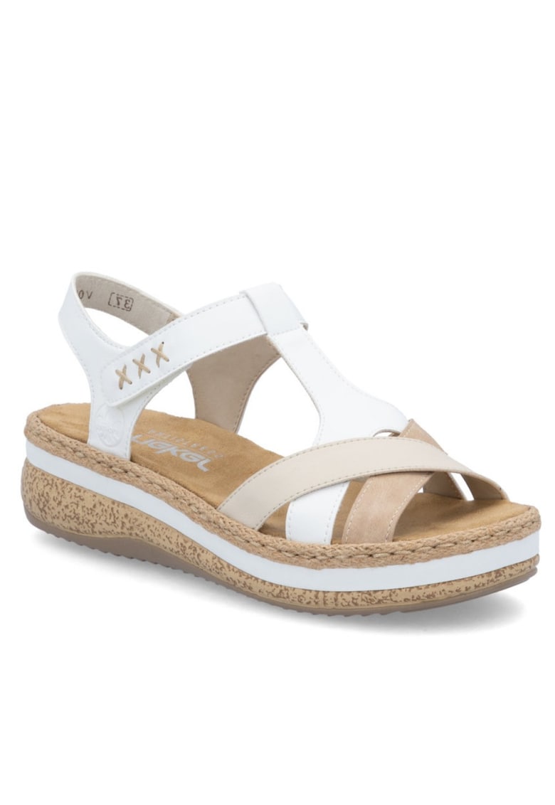 Sandale de damă Rieker cu velcro albe cu platformă combinată V0919-80