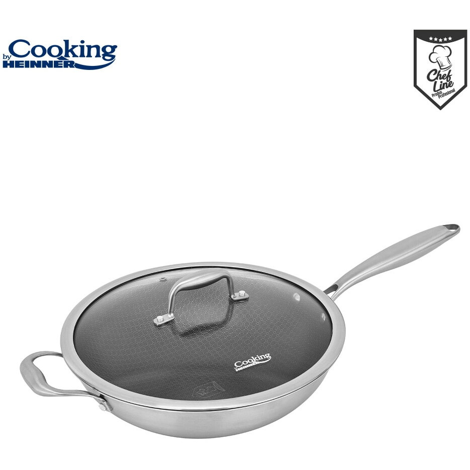 Tigaie Wok Inox + Capac 30x8.5CM Titanium3 Argintiu/Negru